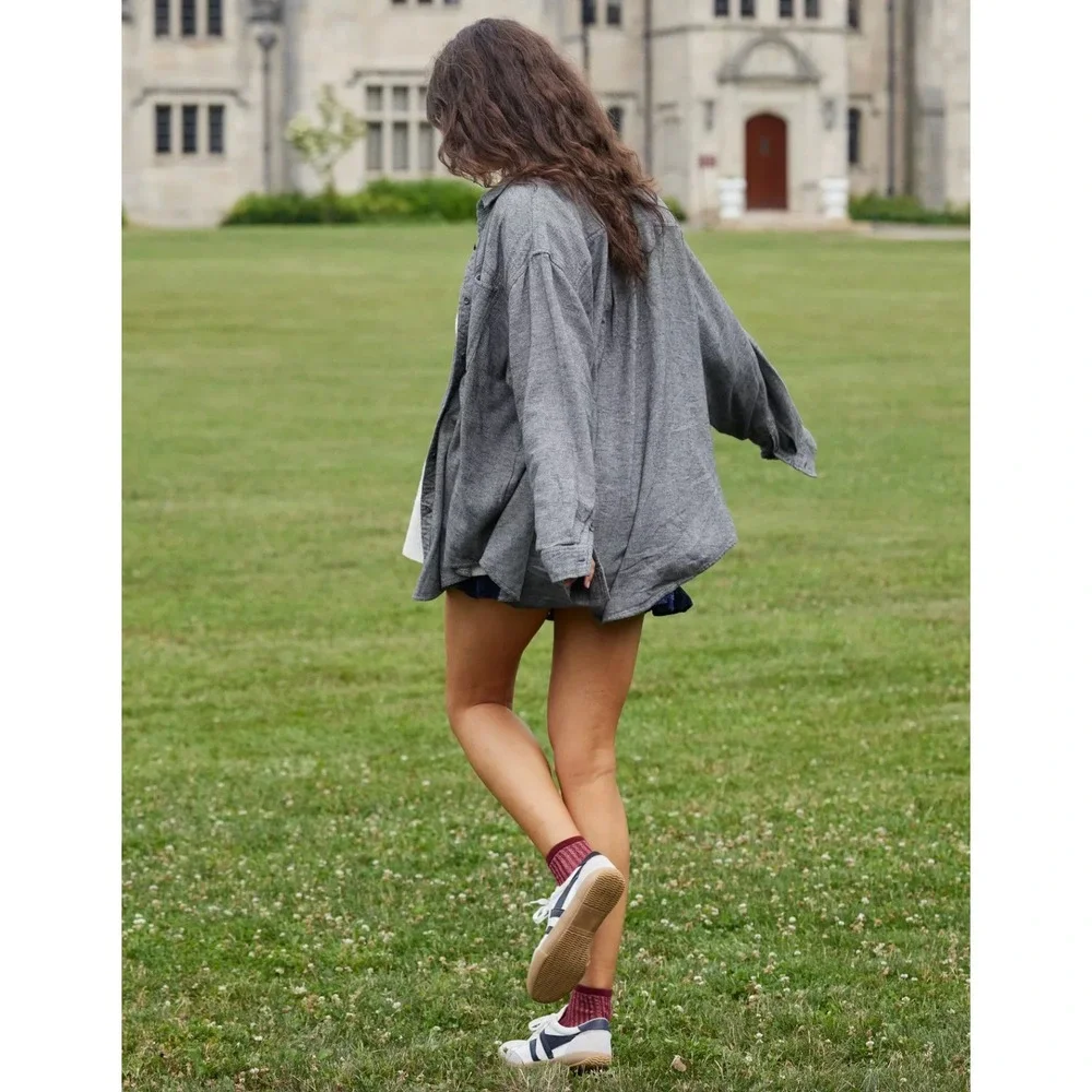 Aerie Sz XS Anytime Fave Twill Shirt Shacket Oversized 100%‎ Cotton Gray Cozy